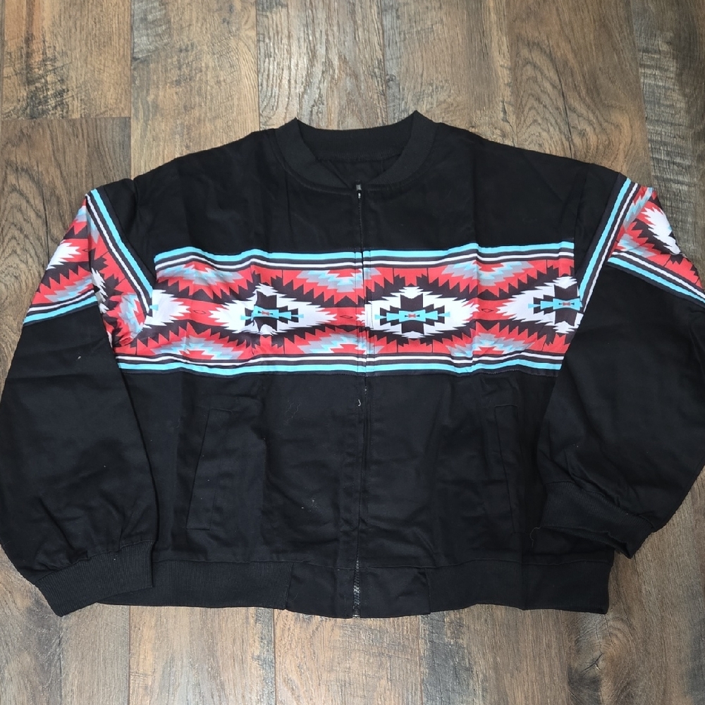 Womens Black Zip Front Jacket with Red & Turquoise Aztec Stripe